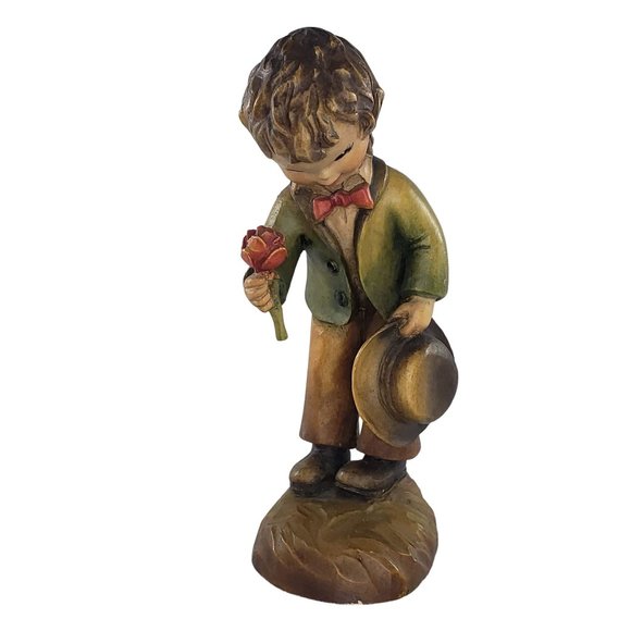 Anri Ferrandiz Wood Carved Boy Holding Rose Figurine Vintage - Picture 2 of 8